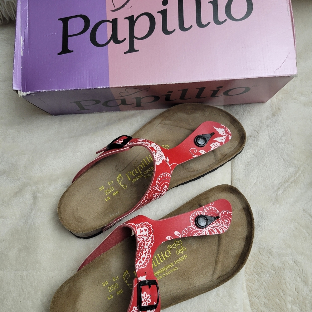 Papillio certified Birkenstock New  women's  red leather sandals size 8/39
